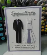 Handmade Wedding Card Bride Groom Black Purple Tux White Purple Tiny Flower Gown