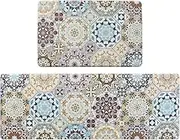 Jabogrii 2Pcs Kitchen Rugs, Cushioned Anti Fatigue Kitchen Mat PVC Non Slip Waterproof Rug Runner Comfort Standing Floor Mats Kitchen Carpet Set for Sink, Laundry 17"x48"+17"x28" Brown Tile