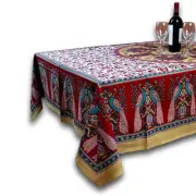 Cotton Peacock Floral Tablecloth 87x90 Rectangle Square Red Pink Tan