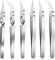 Aemygo 6 Pcs Precision Reverse Ceramic Tweezers Set, Non-Conductive Heat-resistant Electronics Soldering Tweezers Anti-Magnetic Pointed & Curved Tips Tweezers for Solder, Pinching Coils (Silver)