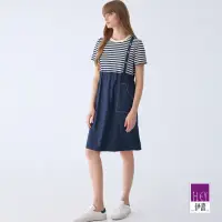在飛比找momo購物網優惠-【ILEY 伊蕾】假兩件吊帶條紋牛仔洋裝(深藍色；M-XL；