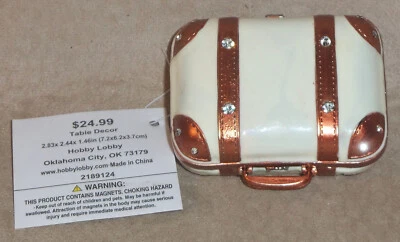 New Trinket Box 2.75" Metal Hinged Magnetic White Vintage Suitcase w Rhinestones