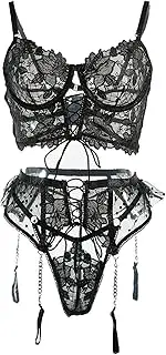 [Zylphorix] Women's Floral Embroidered Lingerie Lace Up Mesh Bra and Panty Set Garter Belt and Leg Ring Sets