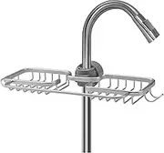 EZONEDEAL Kitchen Faucet Organizer Rack, Sponge Holder for Kitchen Sink, Double Hanging Faucet Drain Rack with Dishcloth Rack & Hooks, Silver Sink Rack Shelf for Scrubbers, Soap, Shower Caddy