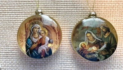 2 Lovely Religious Disk Christmas Ornaments, Glass & glitter, Regency NWT