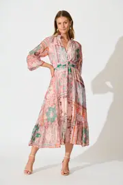 Women's Cocktail Sardina Midi Dress Full Length Sleeve in multicolor Blush and Multi Patchwork Print 8