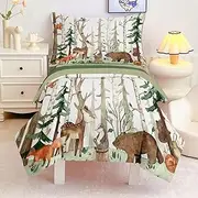 CKOU CCOO 4 Pieces Woodland Animal Toddler Bedding Set, Forest Deer Bear Bed Comforter Setfor Baby Boys Girls, Cute Toddler Quilt Kids Toddler Bed Set Includes Comforter, Sheets and Pillowcase