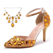Nevenka Sparkly Diamond High Heels 9.5cm Pointed Toe Sandals for Wedding-Gold