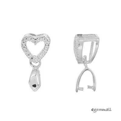 1PC Rhodium Plated Sterling Silver CZ Heart Pendant Pinch Bail Clasp #99235