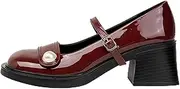 [DAGIN] Women's Square Toe Platform Chunky Heel Mary Janes Block Heel Pumps, red, 34 EU