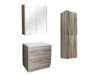 750mm White Oak Qubist MDF Freestanding With Kickboard Vanity With Ceramic Top With Shaving Cabinet and Tall Boy