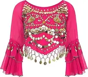 [TiaoBug] Womens Belly Dance Tops Seqins Flare Sleeve Chiffon Lace-up Crop Top Stage Performance Costume