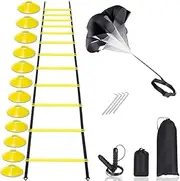 Speed & Agility Training Set–20ft Adjustable Agility Ladder, 12 Disc Cones, 1 Jump Rope, 1 Resistance Umbrella–Ideal for Football, Basketball, Fitness Training for Kids, Youth, Adults