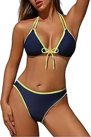 [ZAFUL] Womens String Bikini Sets Sexy Color Block Two Piece Swimsuits Cheeky Halter Bathing Suits Triangle Swimwear, 0-navy, Large