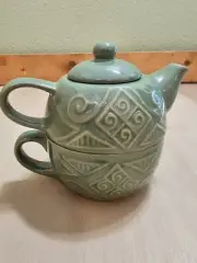 Pier 1 Imports Tea For One 3 Piece Teapot And Cup Set Raised Design Sage Green