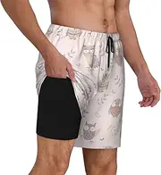 [AFHYZY] Mens Swim Trunks Short with Compression Liner 7 Inch Funny Bathing Suits, Owl, Medium, Owl, Medium