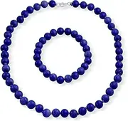 [Bling Jewelry] Classic Elegant Simulated Blue Lapis Lazuli Turquoise Color 7MM Ball Beads Strand Necklace Stretch Bracelet Set Western Jewelry for Women .925 Silver Clasp