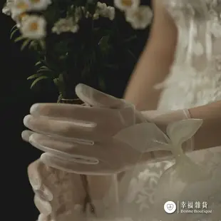 女手套-(乳白)網紗蝴蝶結 / 新娘手套 婚紗手套 蕾絲手套 舞台表演 配件 網紗手套 蝴蝶結手套【B＆B幸福雜貨】