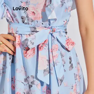 Lovito 波西米亞花卉荷葉邊束帶女式連身裙 LBL08131