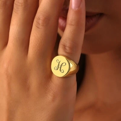 Gold Initial Signet Ring, Personalized Monogram Ring, Engraved Signet Ring