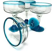 Mexican Hand Blown Glass – Set of 4 Hand Blown Margarita Glasses (16 oz) with Aqua Blue Rims