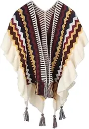 [Quniko] Women's Warm Shawls Wraps Ethnic Style Knit Tasseled Poncho Fashion Jacquard Bohemian Cape Cardigan