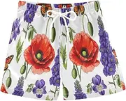 Boys Swim Shorts, Anti Chafe Swim Trunks for Boys 2 T, Botanical Wildflowers Red Poppies