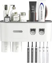 Double Toothpaste Dispensers Wall Mount Toothbrush Holder, with 6 Brush Slots 2 Magnetic Cups 1 Cosmetic Drawer Organizer 1 Large Storage Tray Toothbrush Holder Set for Bathroom (Grey)