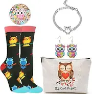 [HIGHTERTON] Owl Gifts for Women, 5pcs Gift Set for Owl Lovers, Owls Birthday Presents with Socks,Make Up Bag,50pcs Stickers, Fabric
