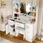 Dressing Table Stool Set With Makeup Mirror 6 Open Shelves 6 Drawers Vanity Desk