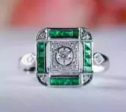 Round Lab Created Diamond Emerald Art Deco Style Wedding Ring 14K White Gold FN