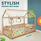 Wooden Childrens Bed Frame Single Size House Shape Floor Mattress Base Platform