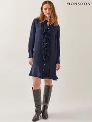 Monsoon Blue Lara Long Sleeve Frill Dress (H44070) | $185