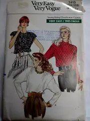 Blouse Top Shirt 18 20 22 Vogue 7415 Sewing Pattern VTG Very Easy Loose Fitting