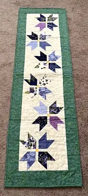 Hand Made Quilted Table Runner/ Topper~ 15" x 49" ~ Multicolors w/green border