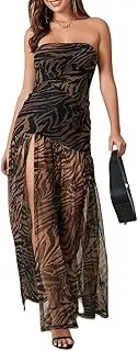 [Kiluex] Women Strapless Tube Top Dress Summer Backless Leopard Print High Slit Long Dress Party Club Night Out Dress
