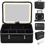 [Faquenc] Extra Large Makeup Case with LED Mirror Cosmetic Box Light up Mirror Leather Portable Makeup Artist Carry Vanity Box with Dividers Makeup Brush Holder, Leather Black
