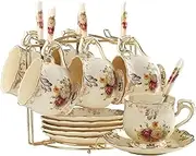 YOLIFE Flowering Shrubs Tea Cups and Saucers Set, Ivory Ceramic Tea Cups Set of 6 with Golden Metal Rack
