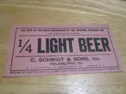 Schmidt & Son 1/4 Light Beer 7 1/4 Gallons Label Philadelphia PA Winfield NY
