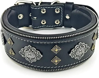 Black Genuine Leather Big Dog Collar. Unique Rivet Design. 57,5- 67,5 cm