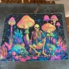 Skeleton & Mushroom, Psychedelic Art, Black Light Tapestry 28”x36”