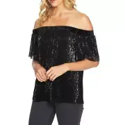 NWT Womens Size Small 1.STATE Rich Black Sequin & Velvet Off The Shoulder Top
