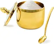 10.5oz Gold Stainless Steel Sugar Bowl with Lid and Spoon, Small Sugar Container for Coffee Bar, Drum Shape Sugar Cube Holder, Spice Jars for Countertop, Kitchen Ghee Container (Gold)