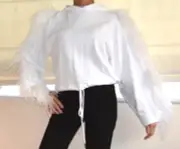 CHRISTOPHER KANE White Hoodie Waist Sweatshirt Feather Trim Sleeves New SM £890!
