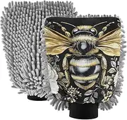 XYMZR Bee Floral White Gold Absorbent Microfiber Car Wash Mitt, Funny Cute Anime Scratch Free for Cars Cleaning, Home Cleaning Mitts, 2 Pack, 10.24” L x 7.09” W