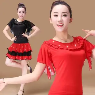 楊藝廣場舞演出短袖拉丁舞衣上衣新款春秋性感舞蹈服裝女成年專業