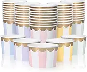Paper Ice Cream Cups - 50-Count 9-Oz Disposable Dessert Bowls for Hot or Cold Food, 9-Ounce Party Supplies Treat Cups for Sundae, Frozen Yogurt, Soup, 5 Colors Pastel Stripes with Scalloped Gold Foil
