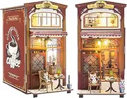 Cuteefun DIY Book Nook Kit, DIY Miniature Dollhouse, Wooden Book Corner Dollhouse Kit for Adults, Make Your Own Craft House Model for Birthday (Cat Cafe)