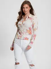 GUESS Women's White Floral Tessa Long Sleeve Top Size: Medium, Elastane