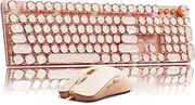 EWEADN Wired Typewriterkeyboard and Mouse Combo, Typewriter Style Mechanical Gaming Keyboard,104 Keys Backlit LED Keyboards, Media Control Knob, Wired Keyboard Pink Switch for Windows/Mac/PC-Pink